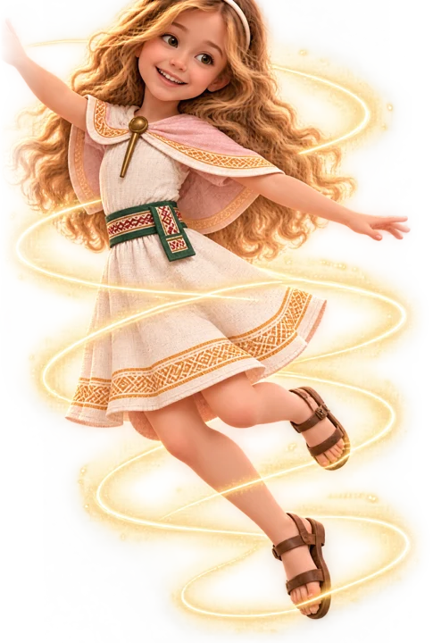 Lilah, a girl with long golden hair, leaping inside swirling golden ribbons