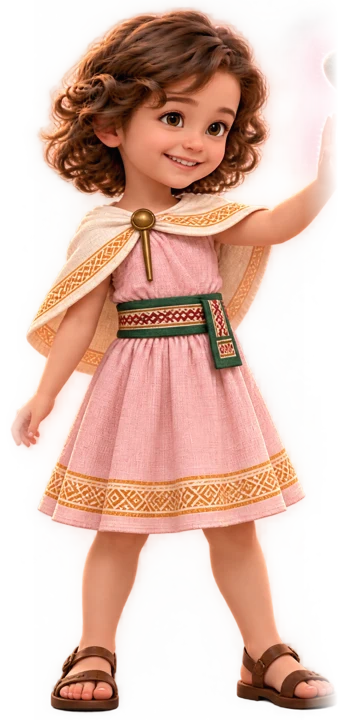 Melody, a little girl with brown curls in a pink dress, waving