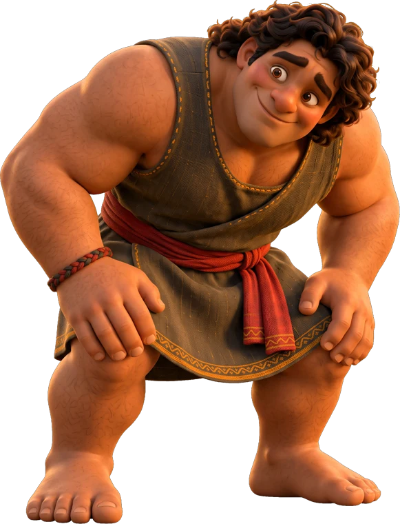 Mumo, a friendly giant, crouching down with a big smile