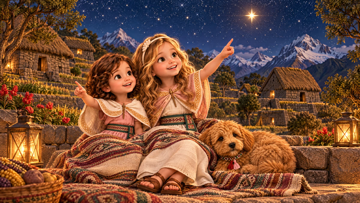 Lilah and Melody wrapped in a blanket, pointing at a bright star over the mountains
